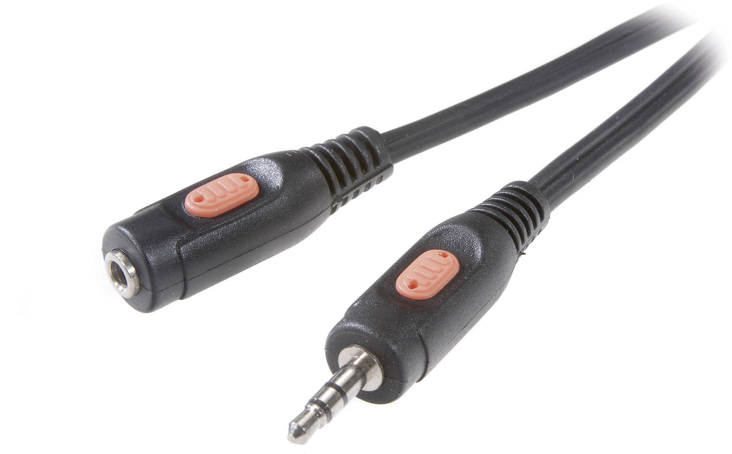 Câble audio jack 3,5 mm avec connecteurs mâle et femelle, munis chacun d'un bouton rouge sur les prises. Utilisé pour les connexions audio.