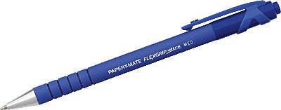 Un stylo bleu avec un embout argenté, sur lequel est inscrit 'PAPER MATE FLEXGRIP ELITE MED'.