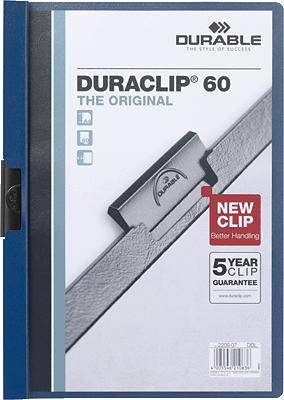 Pochette bleue avec bordures noires, marque 'Durable', modèle 'Duraclip 60'. Promet une meilleure manipulation, garantie de 5 ans.