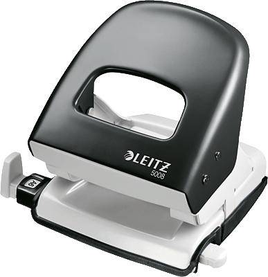 Perforateur de la marque Leitz 5008 en noir et blanc, posé sur une table. Appareil servant à perforer des trous dans du papier.