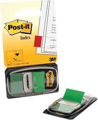 Onglets de signalisation Post-it en vert, lot de 50, dimensions 25,4 mm x 43,2 mm, avec distributeur transparent, idéaux pour marquer ou organiser des documents.