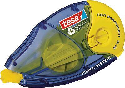 Un rouleau correcteur bleu avec des accents jaunes de la marque 'tesa', portant l'inscription 'colle non permanente' et 'système de recharge'.