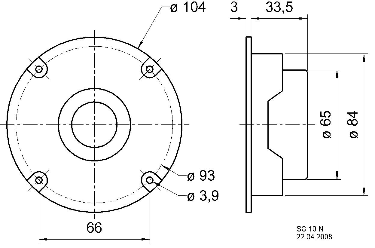 Dessin technique d'une plaque métallique circulaire avec plusieurs dimensions de trous de perçage en millimètres. Vue de dessus et vue latérale sont représentées.