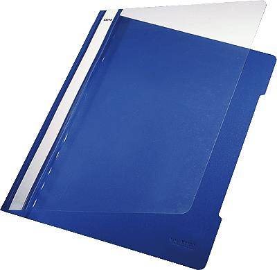 Chemise de présentation en plastique bleu avec couverture transparente et bande blanche sur le côté pour insérer des documents.