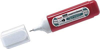 Un rouleau correcteur blanc et rouge sans son capuchon flotte. Inscription sur le rouleau : « Liquide correcteur ».