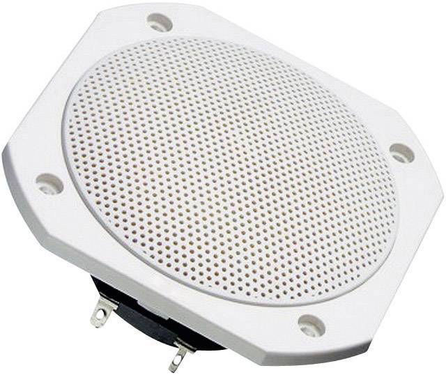 Haut-parleur rond blanc avec grille de protection et quatre trous de fixation, posé sur le côté.