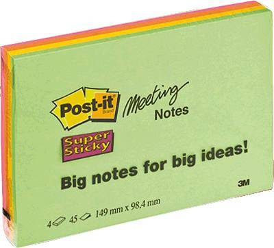 Un bloc de notes adhésives Post-it Super Sticky Meeting Notes en vert. Texte : « Des notes grandes pour des idées grandioses ! » Dimension : 149 x 98,4 mm. Contient 45 feuilles.