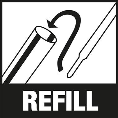 Image symbolique montrant une mine de stylo et une flèche indiquant un mouvement de recharge, avec le mot 'REFILL' en bas.