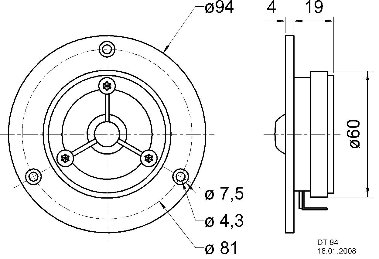 Dessin technique d'un composant circulaire avec deux vues : vue de face et vue latérale. Dimensions Ø94, Ø60, Ø81, Ø7,5, Ø4,3, 4, 19 mm.