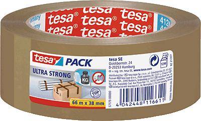 Ruban adhésif 'Tesa Pack Ultra Strong' de couleur brune, long de 66 m et large de 38 mm. Des symboles indiquant une forte résistance sont présents sur l'emballage.