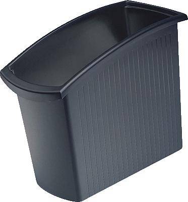 Un seau à ordures gris en plastique au bord légèrement incurvé et au design structuré.