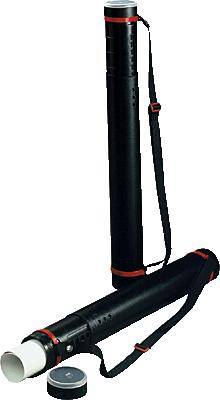 Deux rouleaux de transport cylindriques noirs avec supports réglables et touches rouges, destinés au rangement de plans ou de dessins.