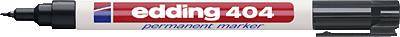 Marqueur permanent noir 'Edding 404', pointe fine, boîtier rouge et blanc avec capuchon bleu.