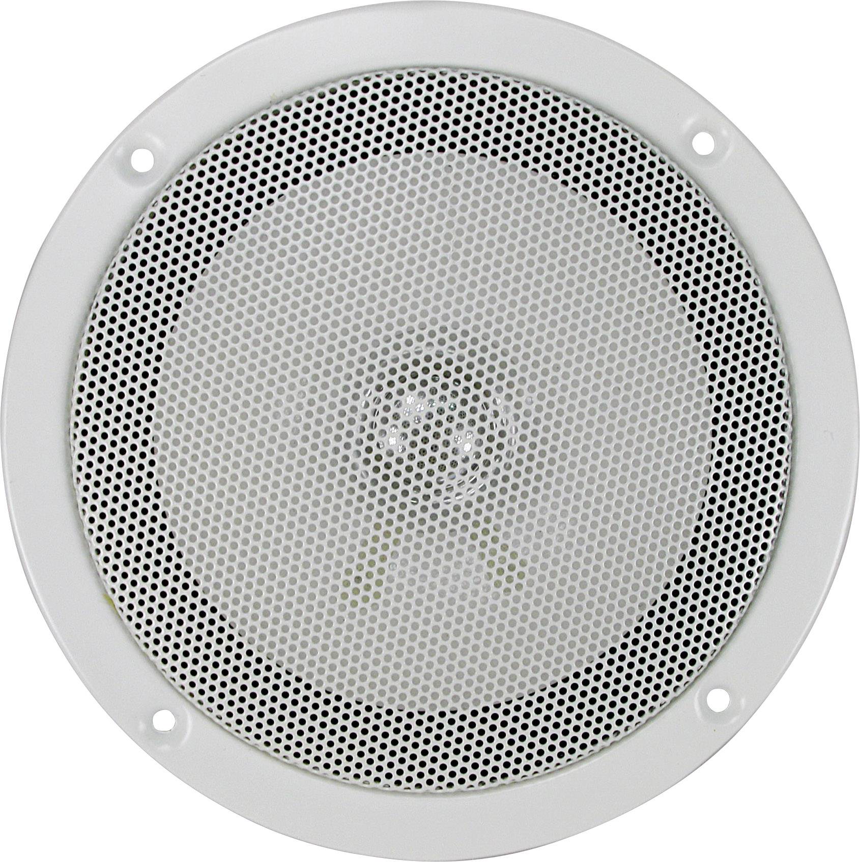 Haut-parleur blanc rond avec une grille de protection monté au mur.