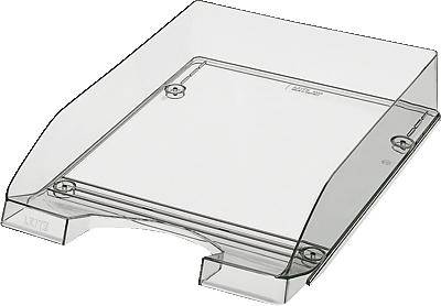 Plateau en plastique transparent à bords biseautés, adapté pour le rangement et l'organisation de documents sur un bureau.
