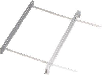 Un support rectangulaire transparent en plastique avec deux côtés parallèles et deux traverses, probablement un cadre de maintien.