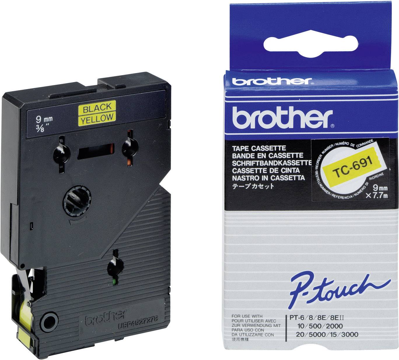 L'illustration montre une cassette de ruban pour étiqueteuse Brother P-touch TC-691 en noir et jaune, mesurant 9 mm x 7,7 m, à côté de son emballage.