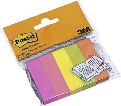 Paquet de Post-it avec des marqueurs dans cinq couleurs : rose, orange, jaune, vert et violet. Marquage pour signets de pages de livre.