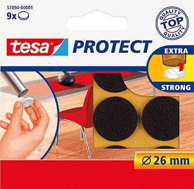 Paquet de 9 patins de protection Tesa Protect de 26 mm de diamètre. Protection extra forte pour les sols, à utiliser sur les pieds de meubles.