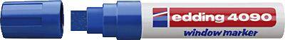 Un marqueur pour vitres ouvert blanc et bleu portant l'inscription « edding 4090 window marker ».