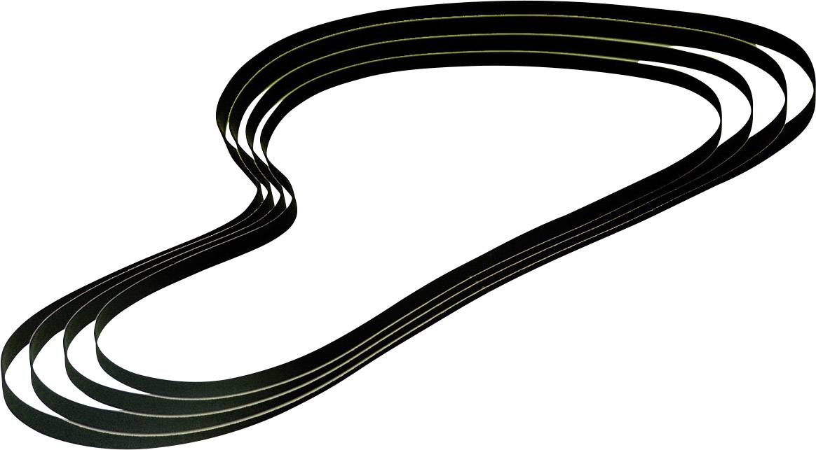 Une courroie trapézoïdale serpentine en forme de boucle, principalement noire, sur fond blanc.