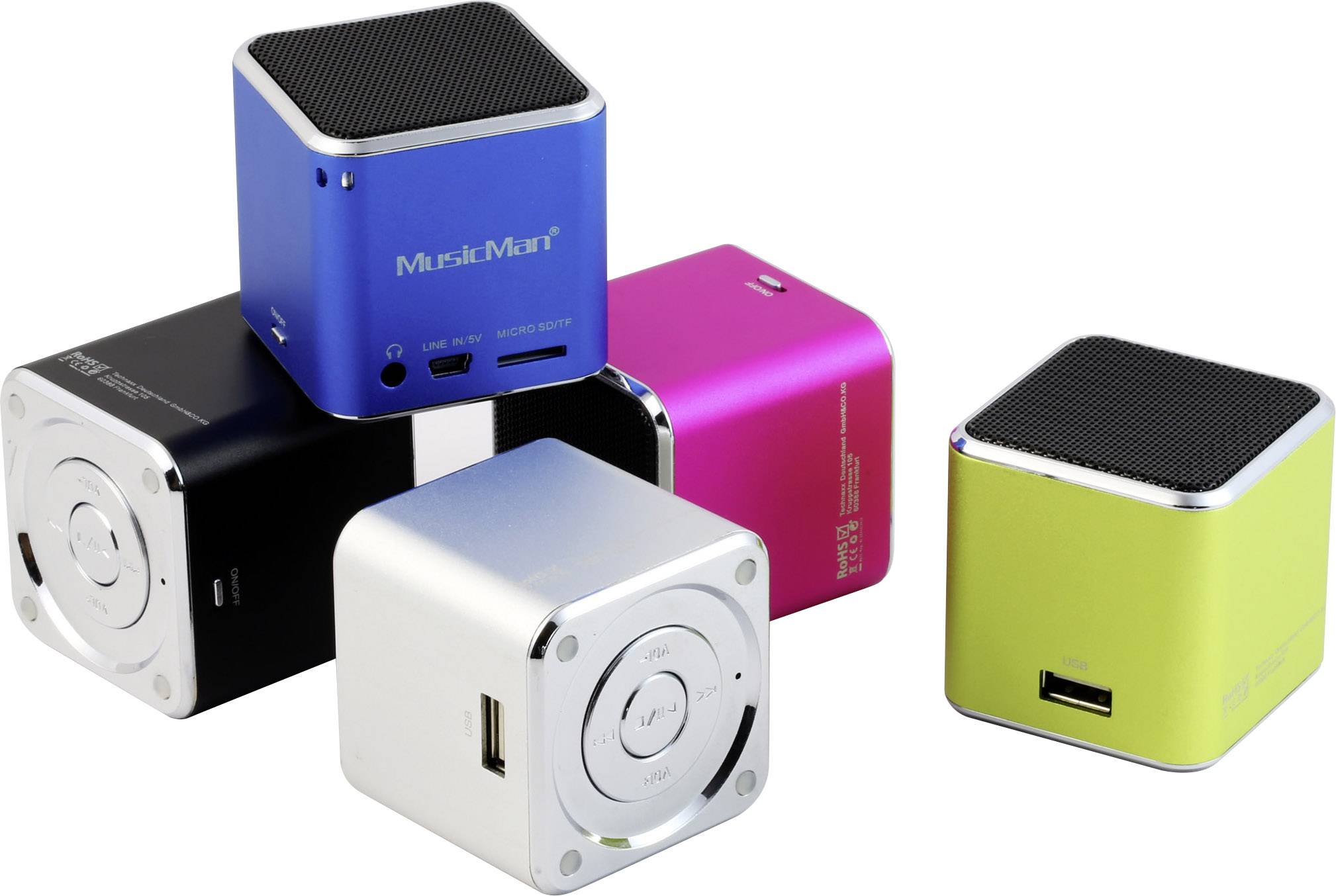 Cinq enceintes portables de différentes couleurs (bleu, rose, vert, argent, noir) disposées de manière soignée.