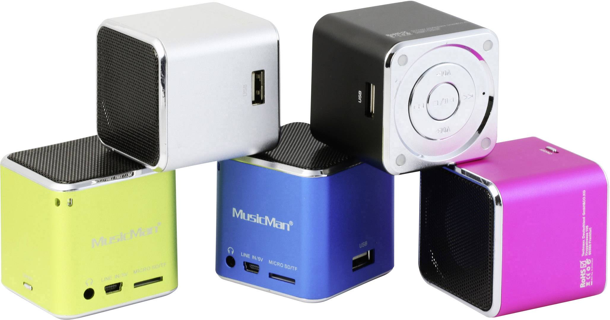 Cinq enceintes portables cubiques de différentes couleurs, empilées en partie ; certaines présentant visiblement des commandes et des connexions.