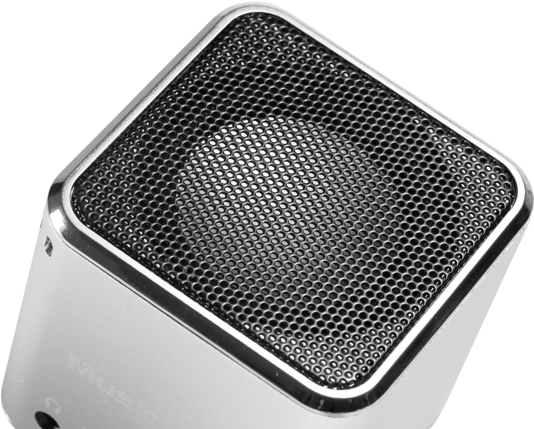 Un petit haut-parleur cubique avec une grille métallique, adapté aux appareils audio portables et aux solutions sonores minimalistes.