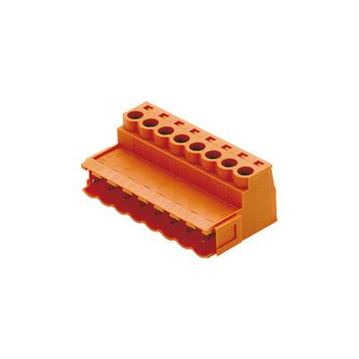 Connecteur électrique orange à huit broches, adapté aux applications industrielles ou électriques.