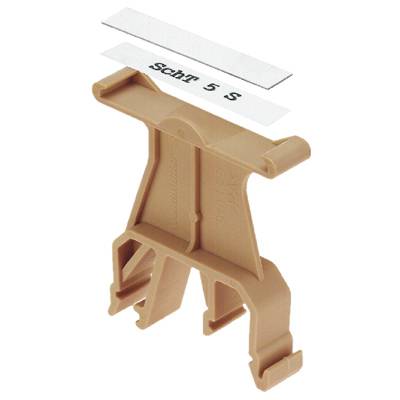 Support d'étiquette en plastique marron avec un panneau blanc portant l'inscription 'Protection 5 S'.