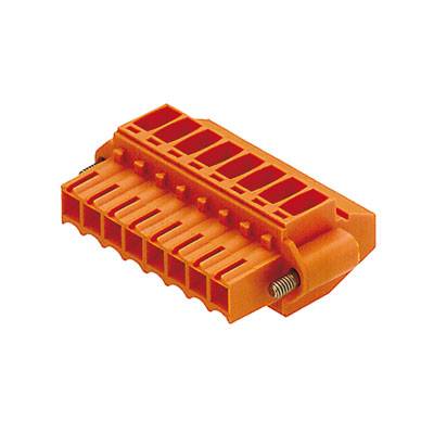 Un connecteur électrique orange avec plusieurs points de connexion et un mécanisme de verrouillage à ressort métallique.