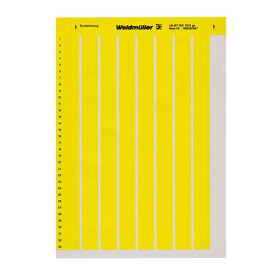 Des bandes de marquage jaunes sur une feuille portant une échelle imprimée de 1 à 30 ; marque Weidmüller en noir en haut de la feuille.