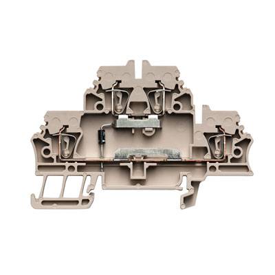 Borne électronique multiports, avec contact métallique central et boîtier en plastique, adaptée aux applications industrielles.