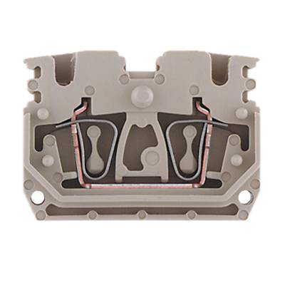 Bloc de bornes électrique avec connexions internes. Montre la structure détaillée et les possibilités de raccordement, typiquement utilisé dans les armoires électriques.