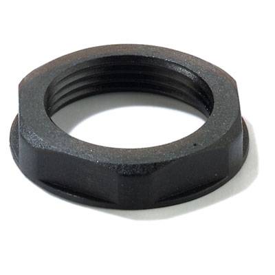 Écrou hexagonal noir en métal avec filetage intérieur, utilisé pour la fixation de composants.
