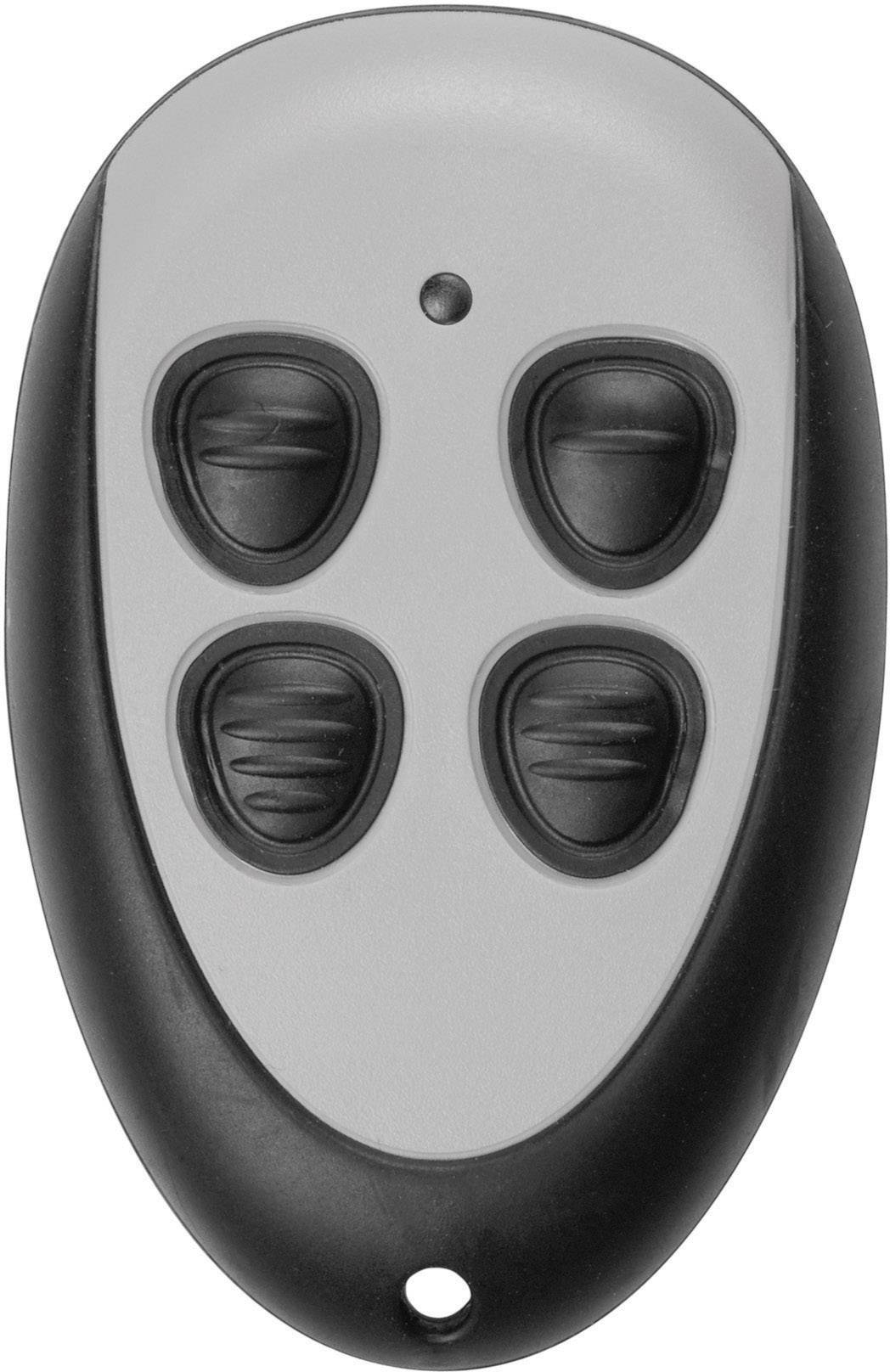 Une télécommande ovale noir et grise à quatre boutons.