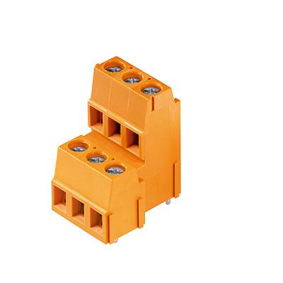 Connecteur orange à trois bornes supérieures et trois bornes inférieures, adapté pour les connexions et installations électriques.