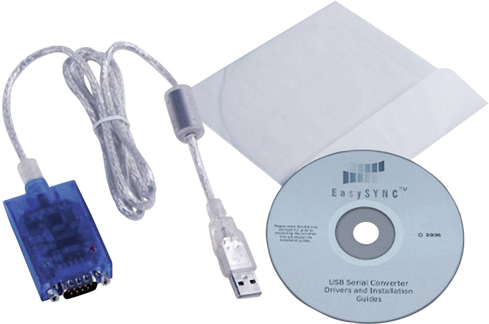 Câble convertisseur USB-Série avec boîtier bleu et CD d'installation. Inclut les pilotes et instructions pour la connexion et l'utilisation.