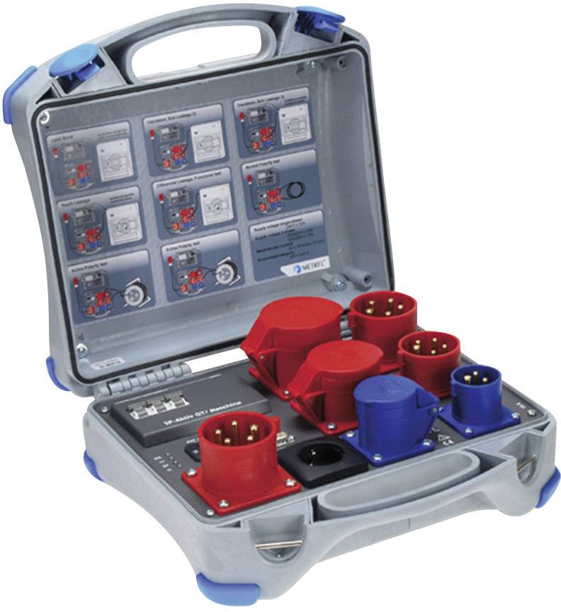 Un testeur de prise portable ouvert avec différentes prises rouges et bleues pour vérifier les connexions électriques.