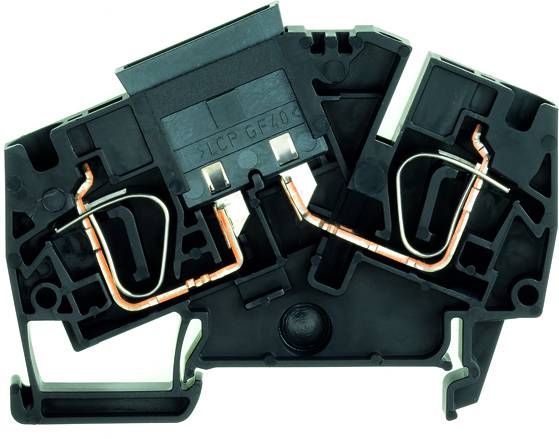 Un bloc de connexion électrique avec des conducteurs en cuivre apparents et un boîtier en plastique, adapté aux applications industrielles ou techniques.