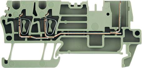 Bloc de connexion électrique vert avec plusieurs emplacements et canaux de câblage, illustrant la configuration d'un système de distribution électrique.