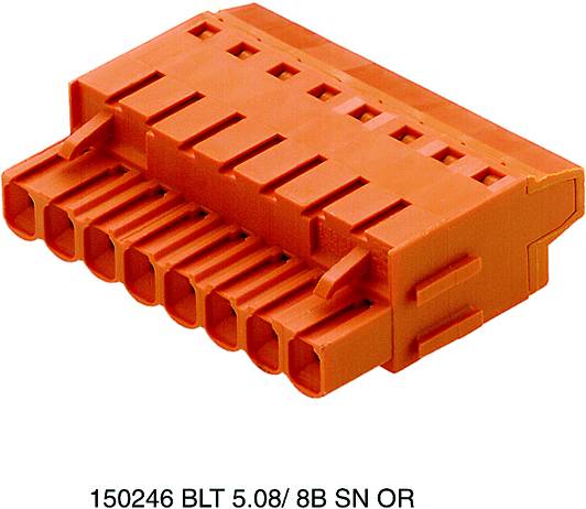 Un connecteur orange à huit broches, avec verrouillage latéral et portant l'inscription '150246 BLT 5.08/8B SN OR'.