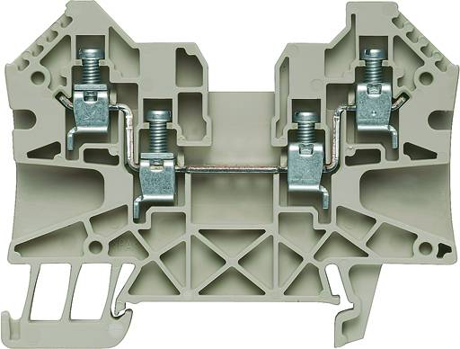 Bloc de bornes électrique gris-blanc avec trois connexions métalliques et des vis pour relier et sécuriser les fils.