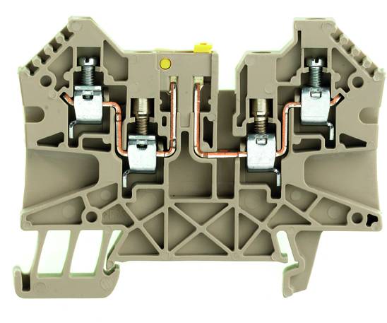 Barrette de connexion avec quatre bornes à vis, adaptée aux connexions électriques et aux câblages dans les armoires électriques.
