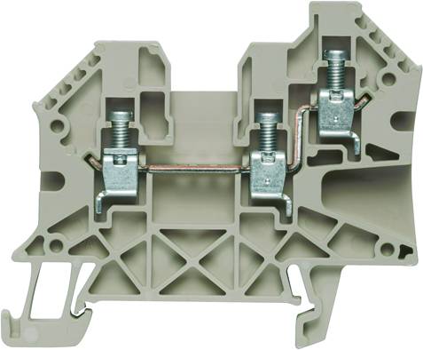 Bloc de jonction électrique gris avec deux bornes à vis, utilisé pour le câblage dans les armoires de distribution.