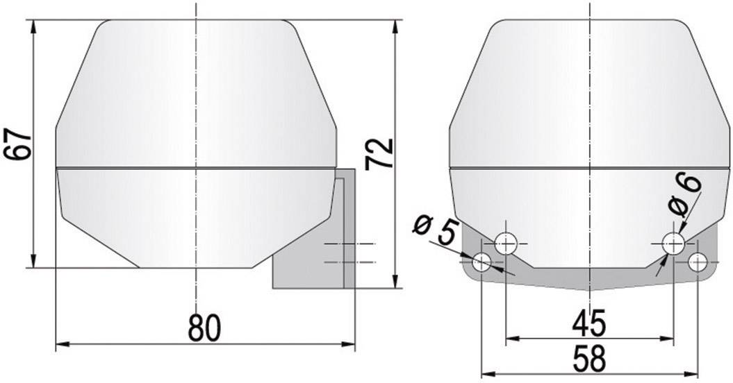 Dessin technique d'un composant rectangulaire avec les dimensions suivantes : largeur 80 mm, hauteur 67/72 mm, diamètre des trous 5 mm et 6 mm.