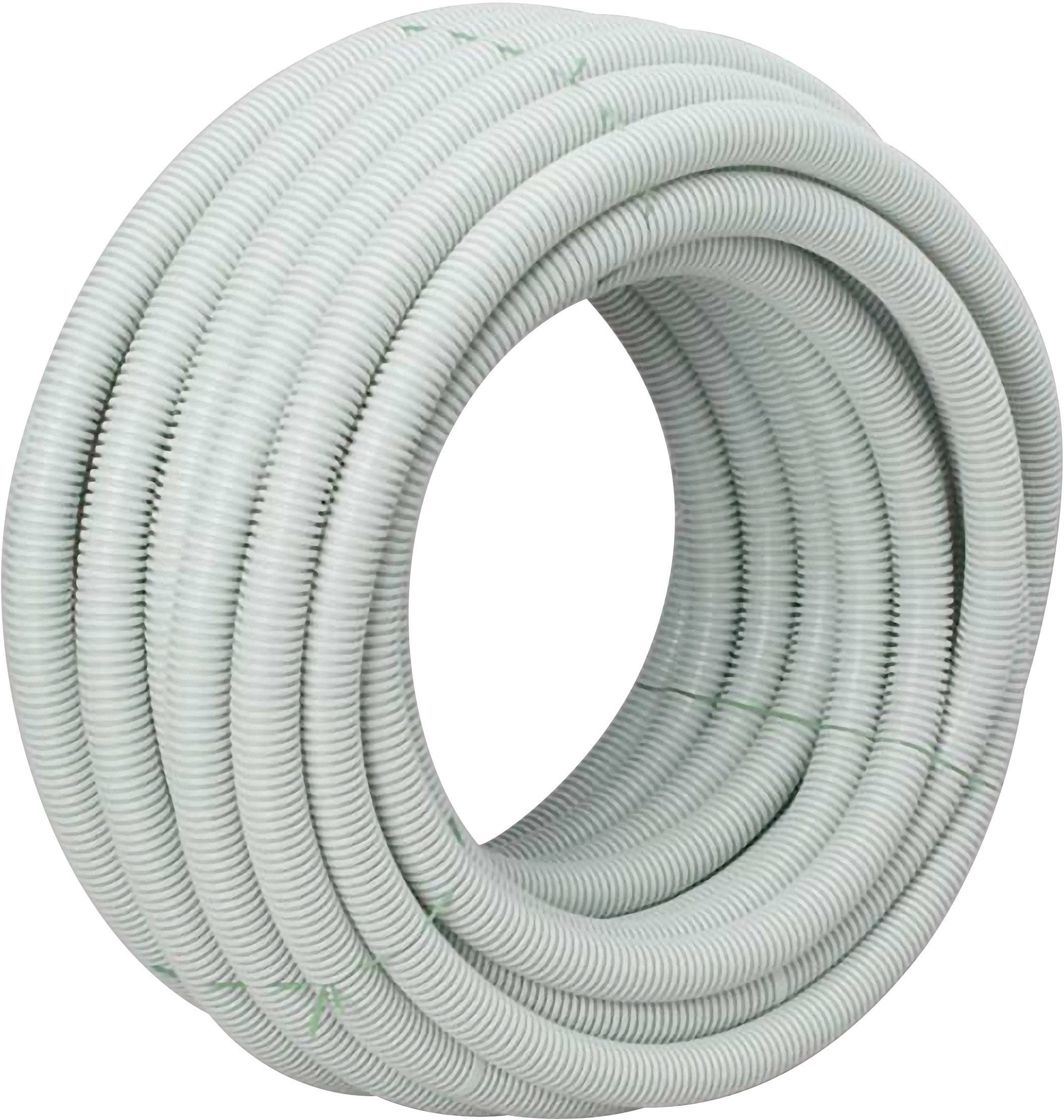 Un rouleau de tuyau flexible ondulé gris, adapté à la protection des câbles et à l'installation dans le domaine de la construction.