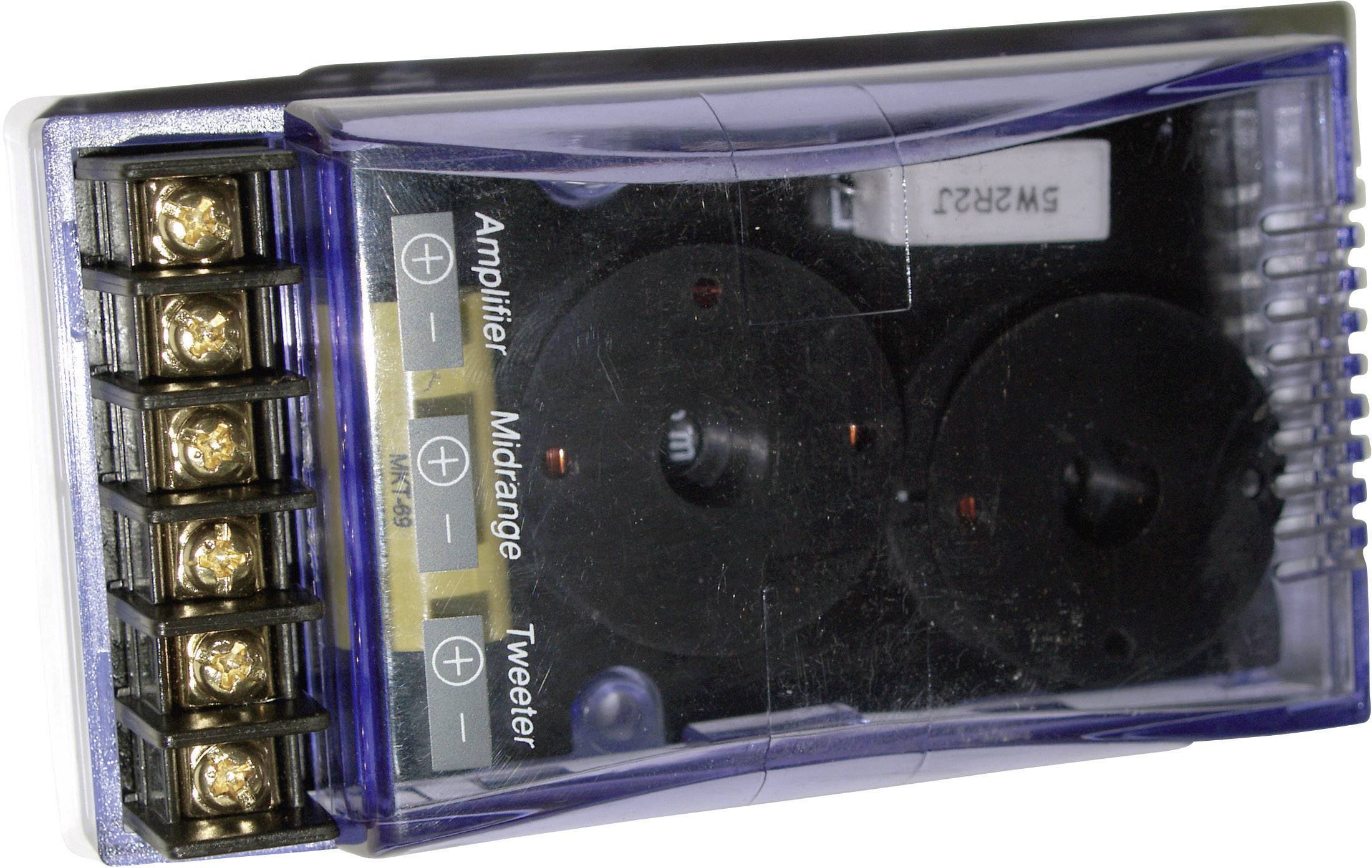 Commutateur d'enceinte compact avec bornes pour amplificateur, médium et tweeter, dans un boîtier transparent.