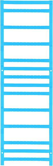 Un panneau directionnel bleu en PVC avec des découpes de lettres pour identifier les appareillages électriques, avec un alignement régulier des rangées.