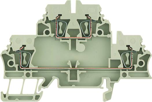 Coupe transversale d'un bloc de bornes électrique gris avec plusieurs possibilités de connexion et des liaisons métalliques, montrant sa structure interne.